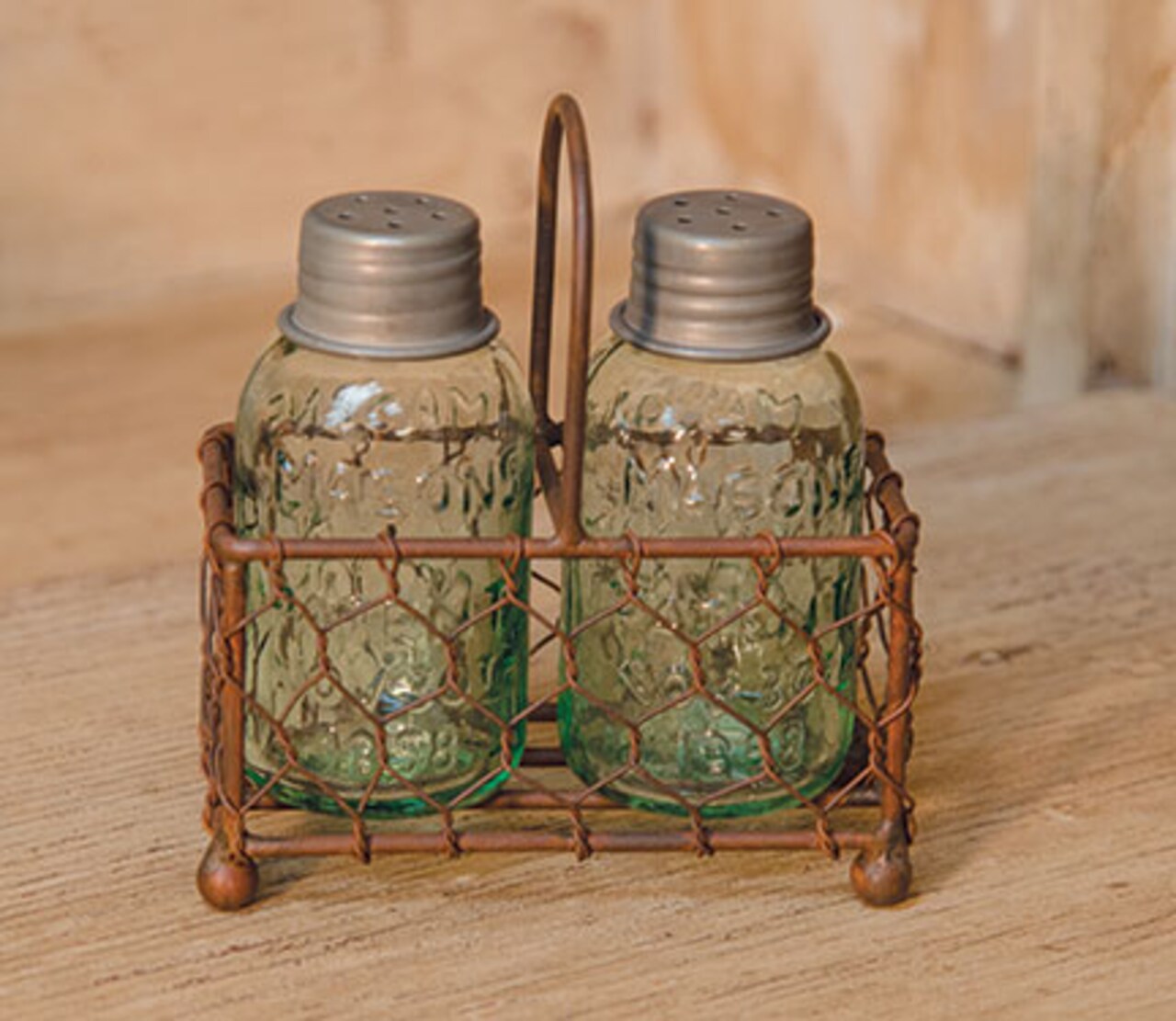 Rustic Wire Caddy with Mini Mason Jar Shakers Salt Pepper Table Set Set of 2